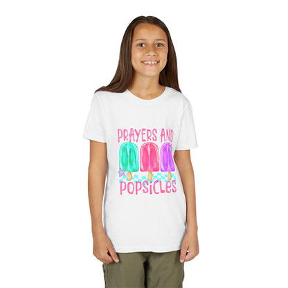 Youth Tee — "Prayers and Popsicles" Colorful Popsicle Faith Graphic