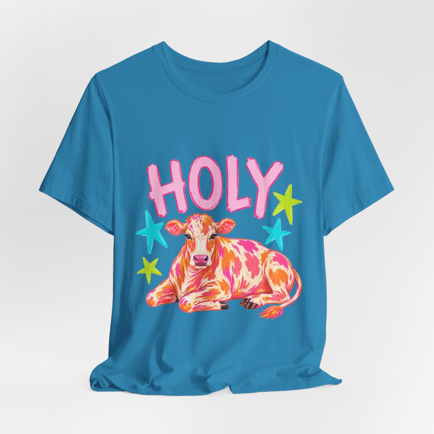 Holy Cow Graphic Tee — Colorful Cow Shirt with 'HOLY' Lettering