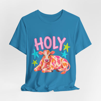 Holy Cow Graphic Tee — Colorful Cow Shirt with 'HOLY' Lettering