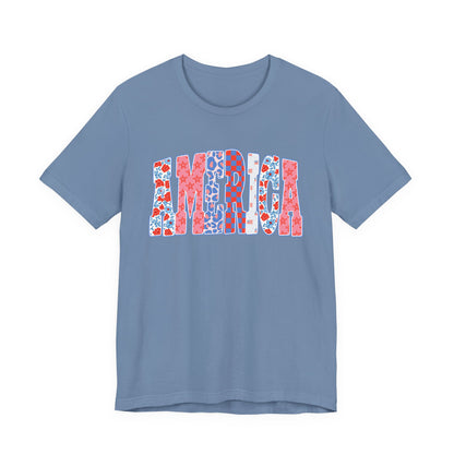 America Floral Flag T-Shirt — Patriotic Red White Blue Tee