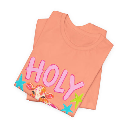 Holy Cow Graphic Tee — Colorful Cow Shirt with 'HOLY' Lettering