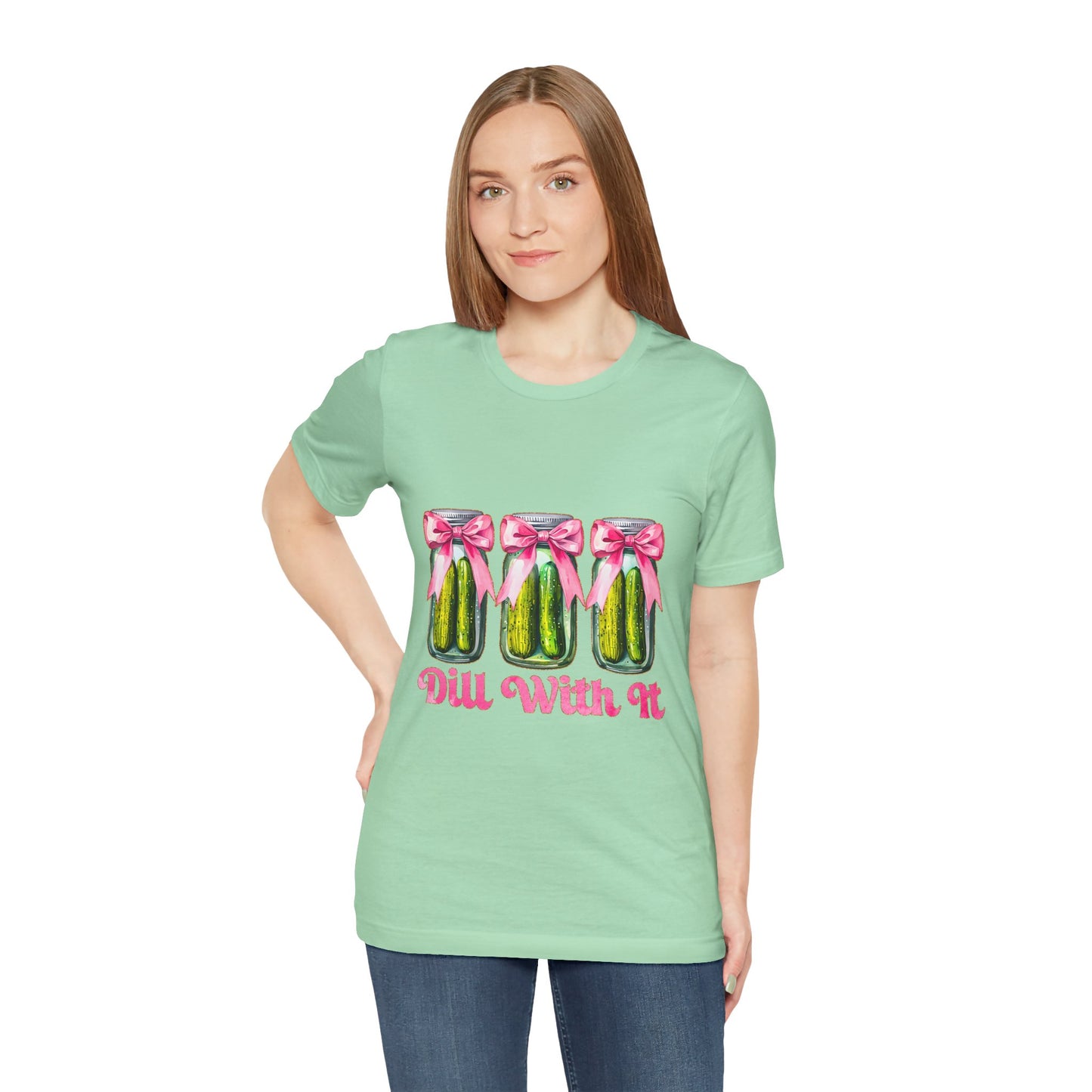 Dill With It Tee — Cute Pickle Jars with Pink Bows Graphic Shirt