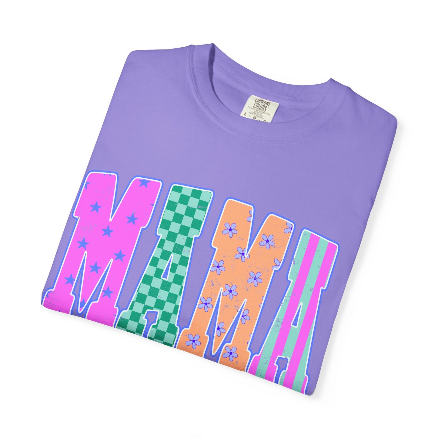 MAMA Colorblock Graphic T‑Shirt — Playful Patterned Lettering Tee