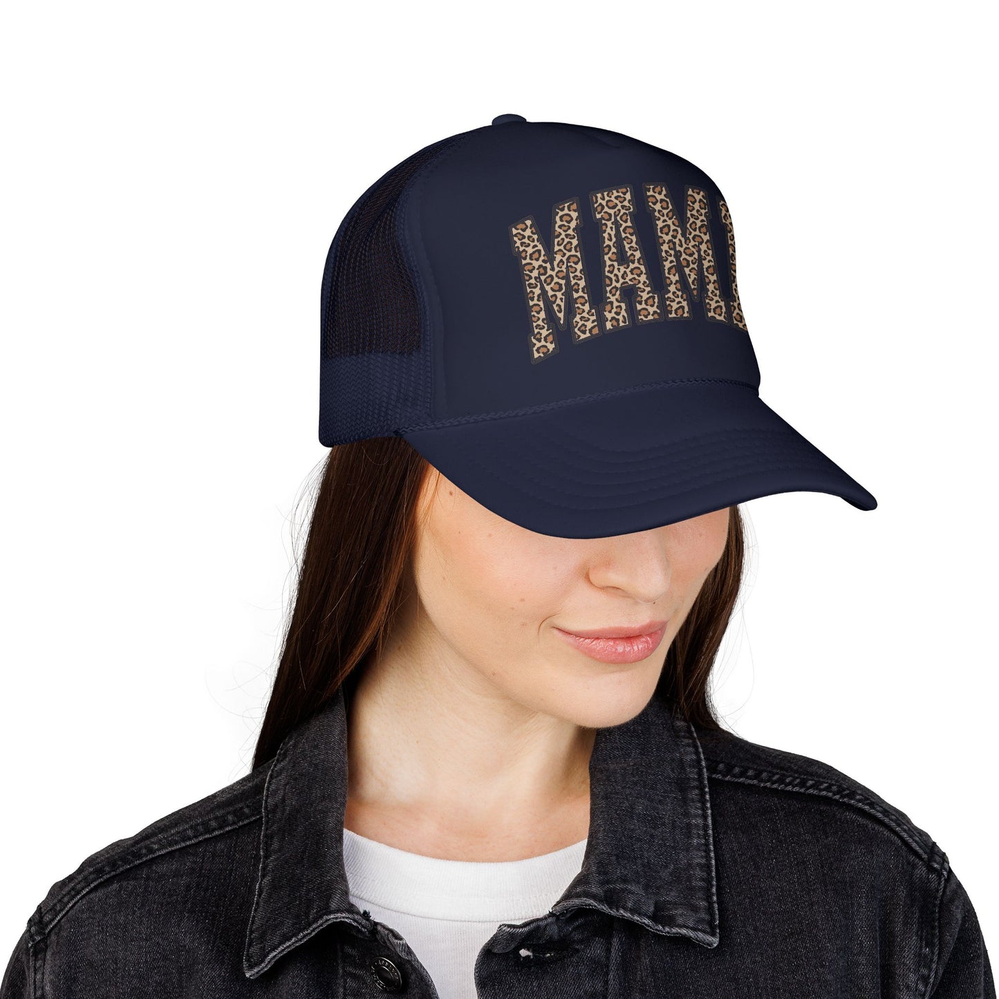 Mama Leopard Trucker Hat — Foam Mesh Cap with Leopard Print "MAMA"