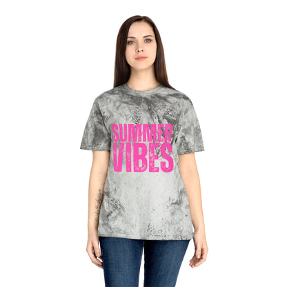 Summer Vibes Tie-Dye T-Shirt — Retro Pink Text Beach Tee