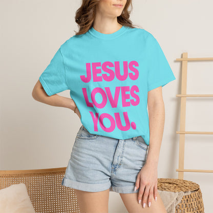 Faith Graphic Tee — "Jesus Loves You." Pink Bold Print