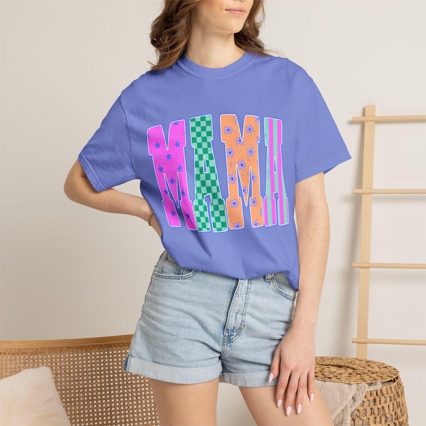 MAMA Colorblock Graphic T‑Shirt — Playful Patterned Lettering Tee