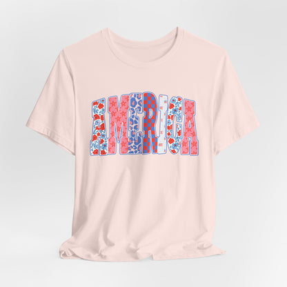 America Floral Flag T-Shirt — Patriotic Red White Blue Tee