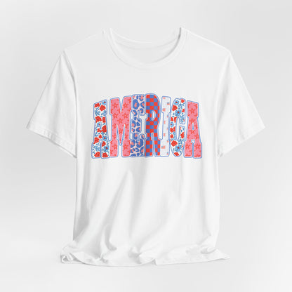 America Floral Flag T-Shirt — Patriotic Red White Blue Tee