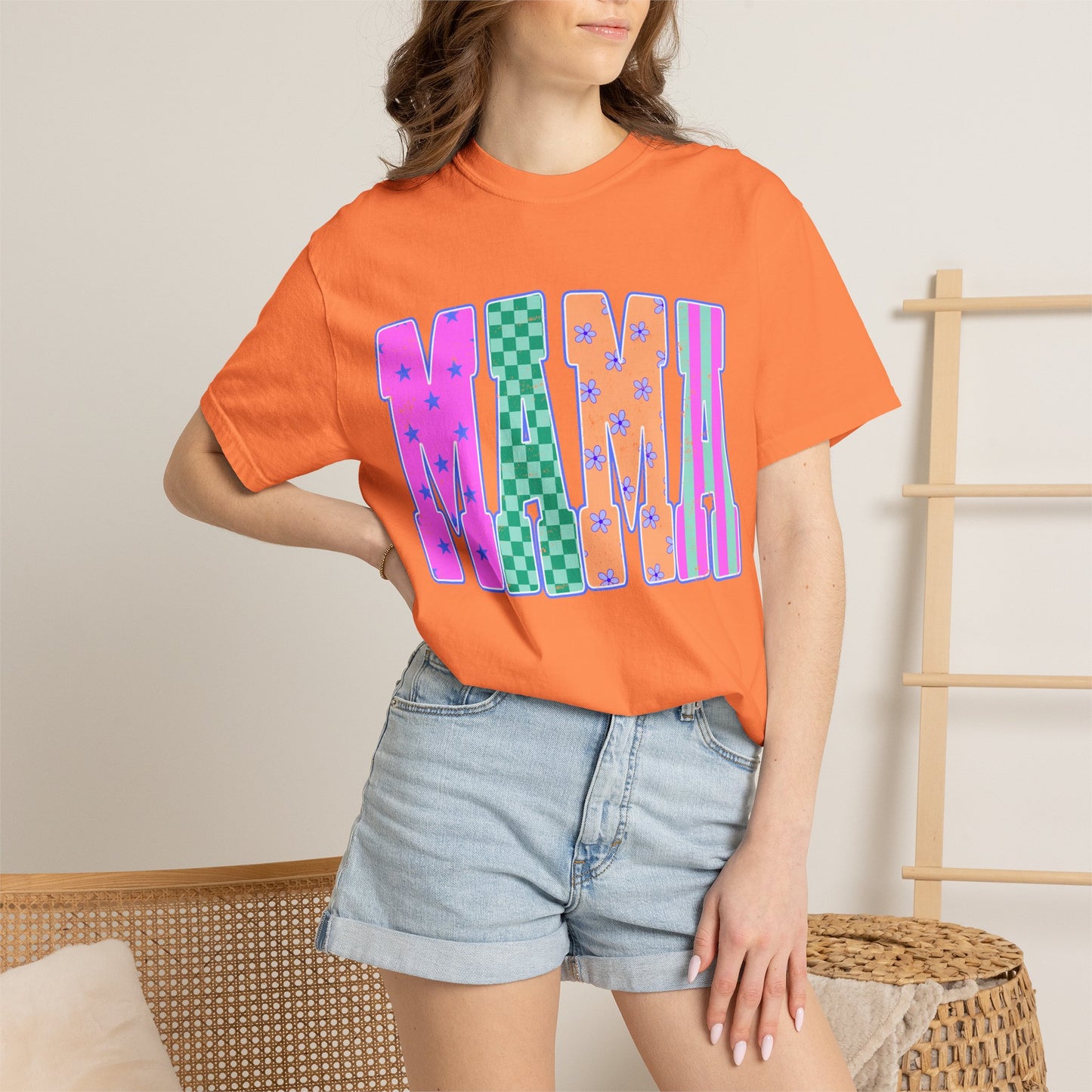 MAMA Colorblock Graphic T‑Shirt — Playful Patterned Lettering Tee