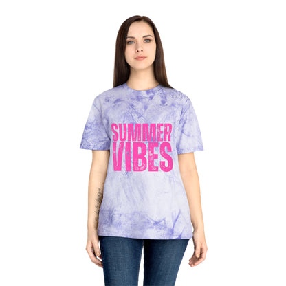 Summer Vibes Tie-Dye T-Shirt — Retro Pink Text Beach Tee