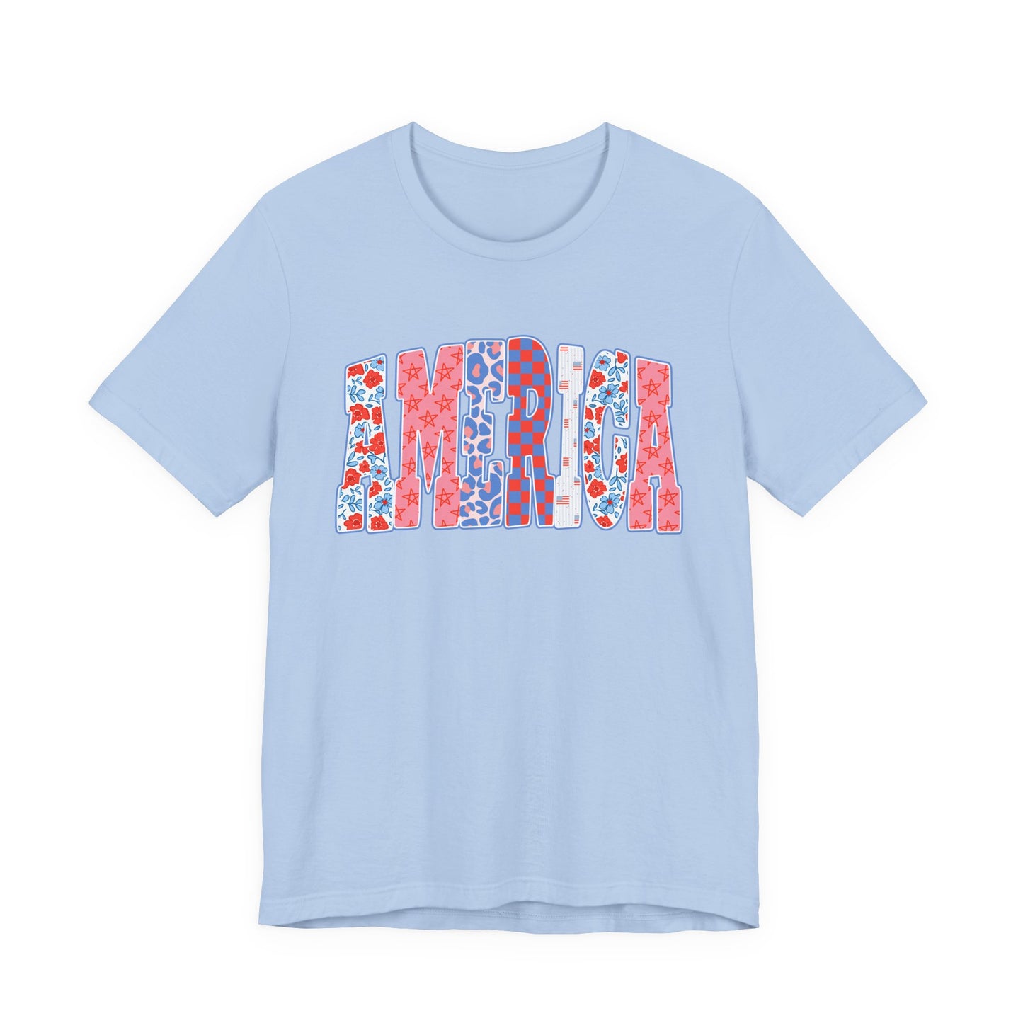 America Floral Flag T-Shirt — Patriotic Red White Blue Tee