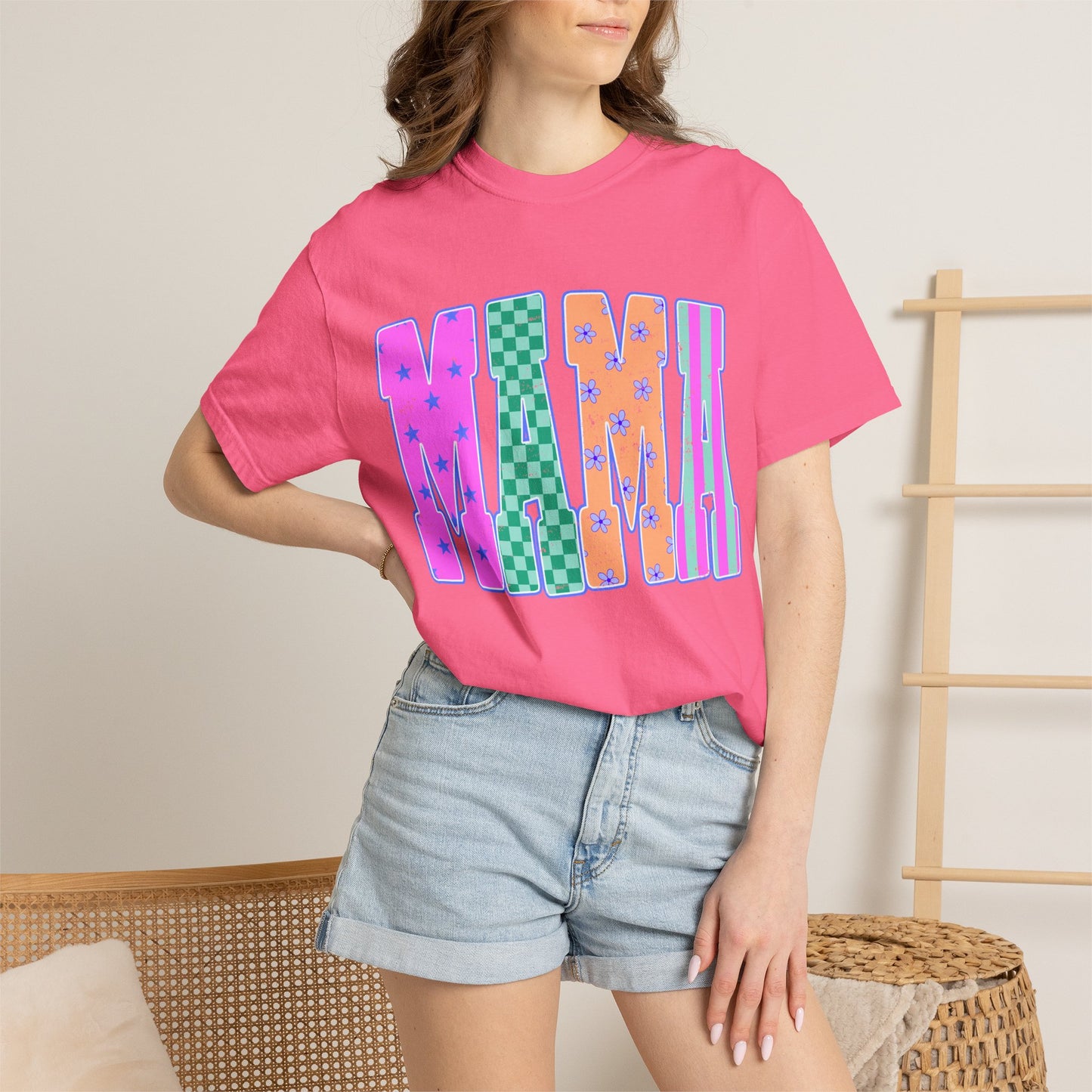 MAMA Colorblock Graphic T‑Shirt — Playful Patterned Lettering Tee