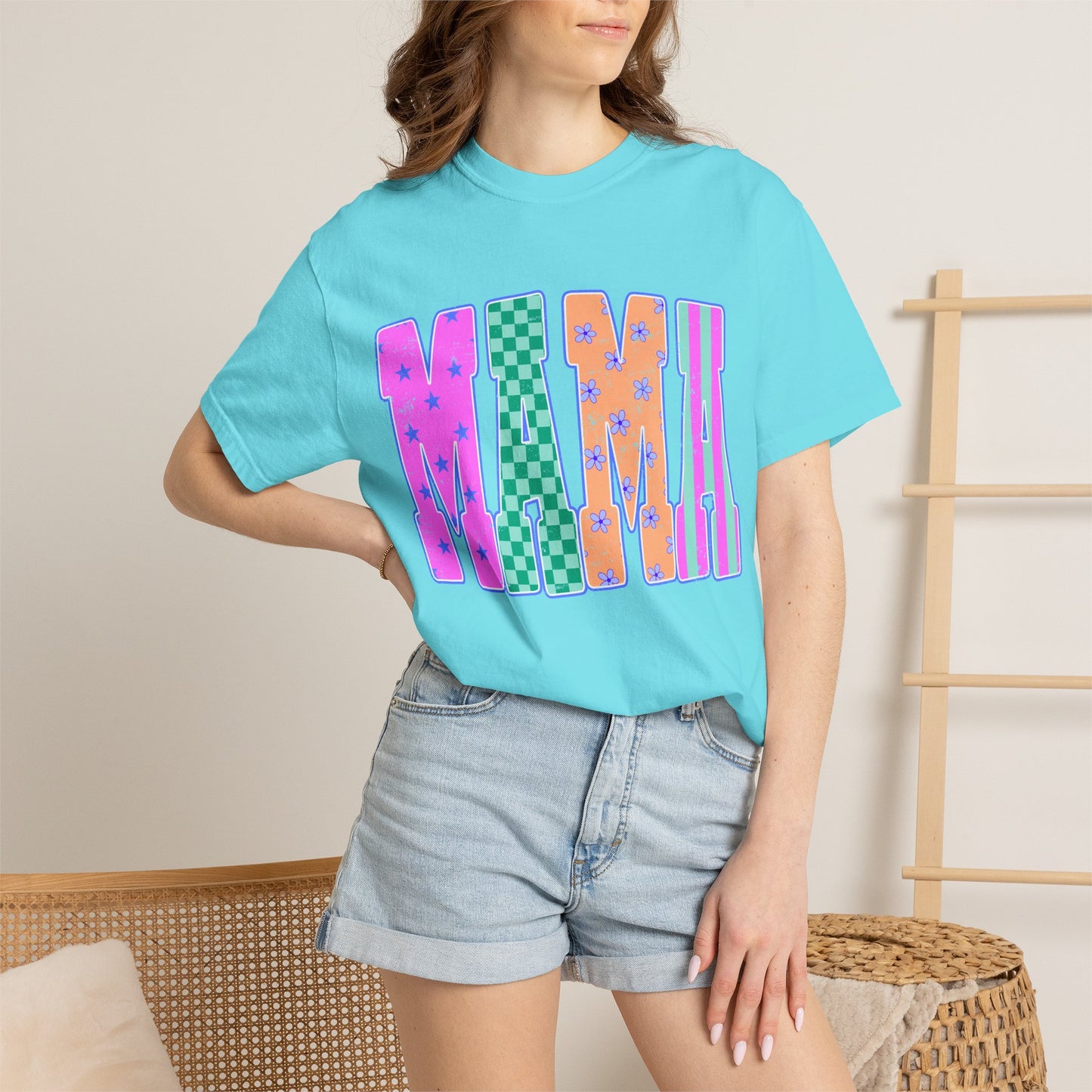 MAMA Colorblock Graphic T‑Shirt — Playful Patterned Lettering Tee