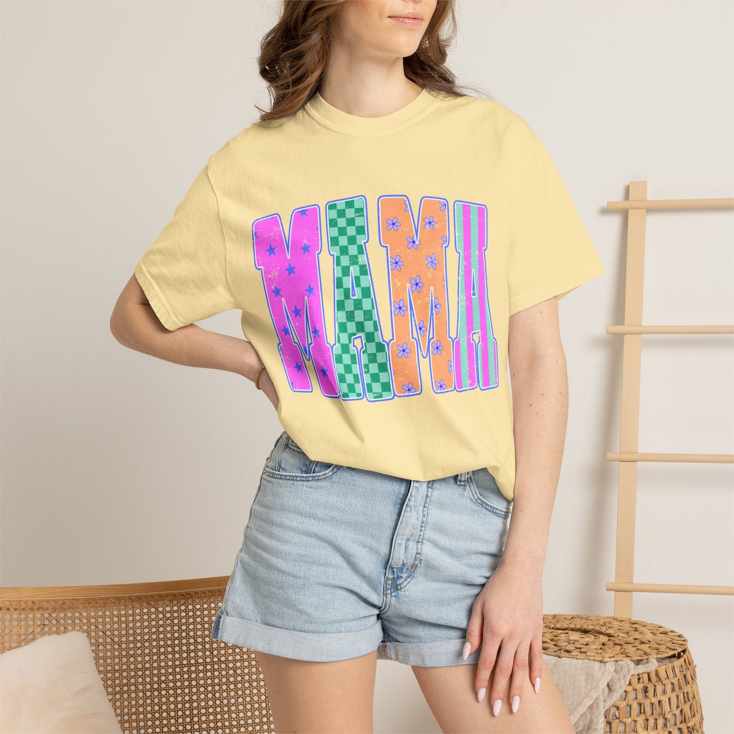 MAMA Colorblock Graphic T‑Shirt — Playful Patterned Lettering Tee