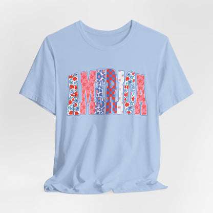 America Floral Flag T-Shirt — Patriotic Red White Blue Tee