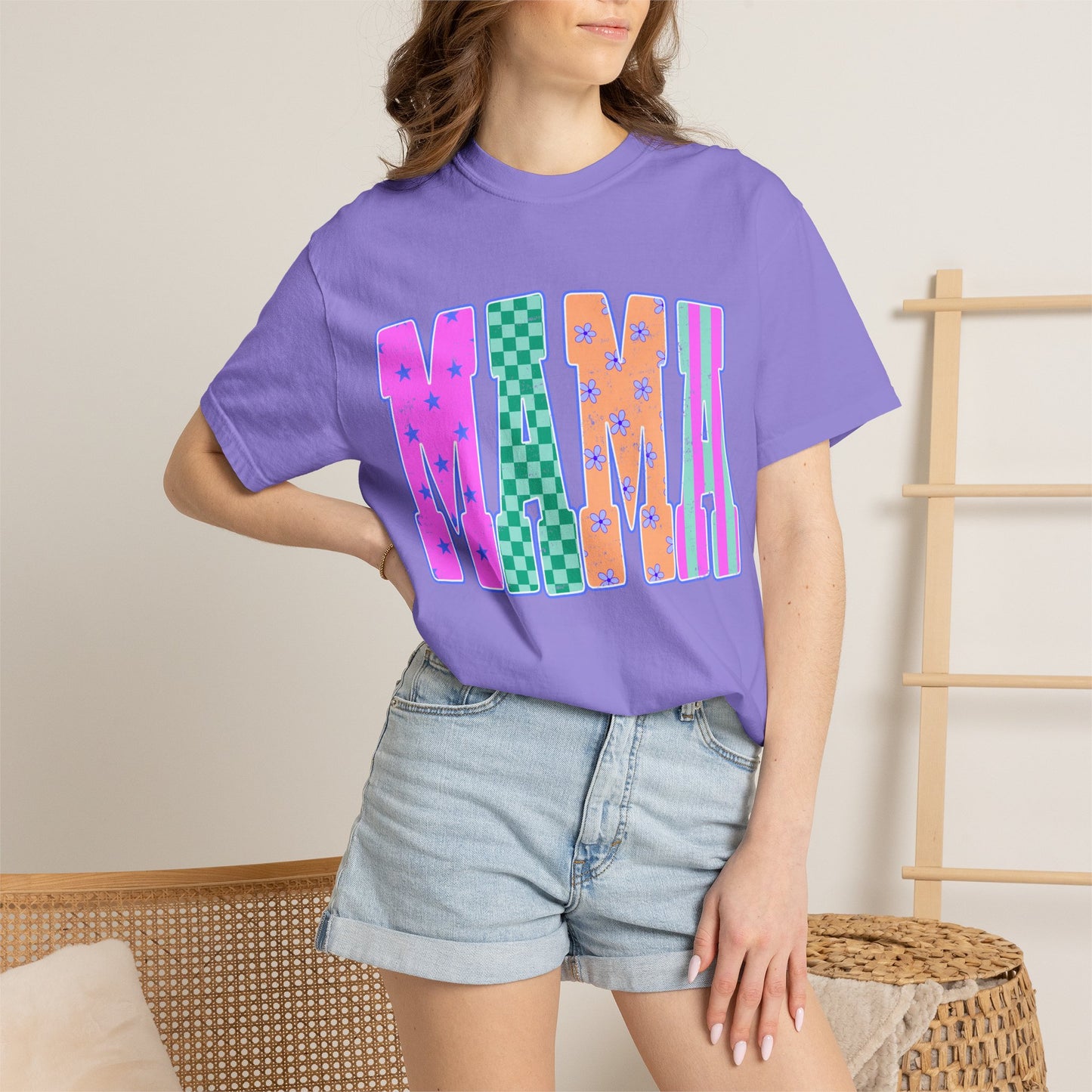 MAMA Colorblock Graphic T‑Shirt — Playful Patterned Lettering Tee