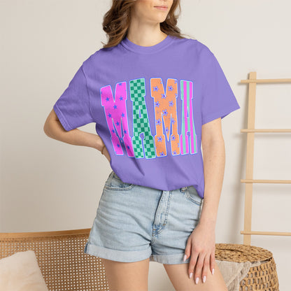 MAMA Colorblock Graphic T‑Shirt — Playful Patterned Lettering Tee