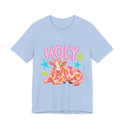 Holy Cow Graphic Tee — Colorful Cow Shirt with 'HOLY' Lettering