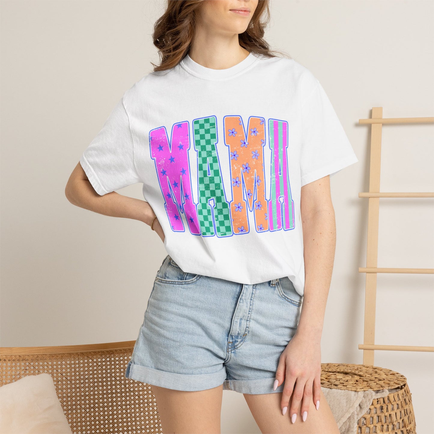 MAMA Colorblock Graphic T‑Shirt — Playful Patterned Lettering Tee