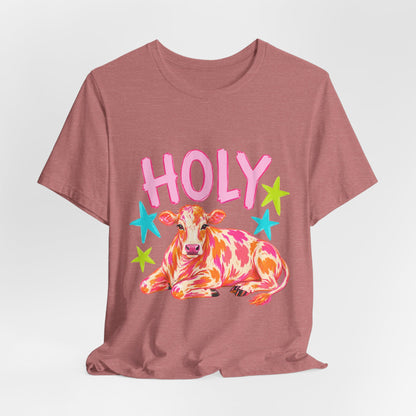 Holy Cow Graphic Tee — Colorful Cow Shirt with 'HOLY' Lettering