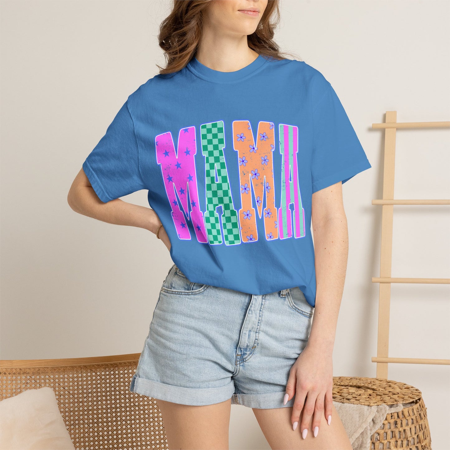 MAMA Colorblock Graphic T‑Shirt — Playful Patterned Lettering Tee