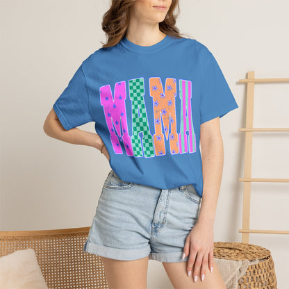 MAMA Colorblock Graphic T‑Shirt — Playful Patterned Lettering Tee