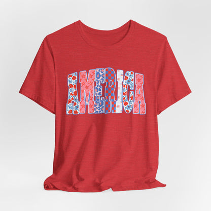 America Floral Flag T-Shirt — Patriotic Red White Blue Tee
