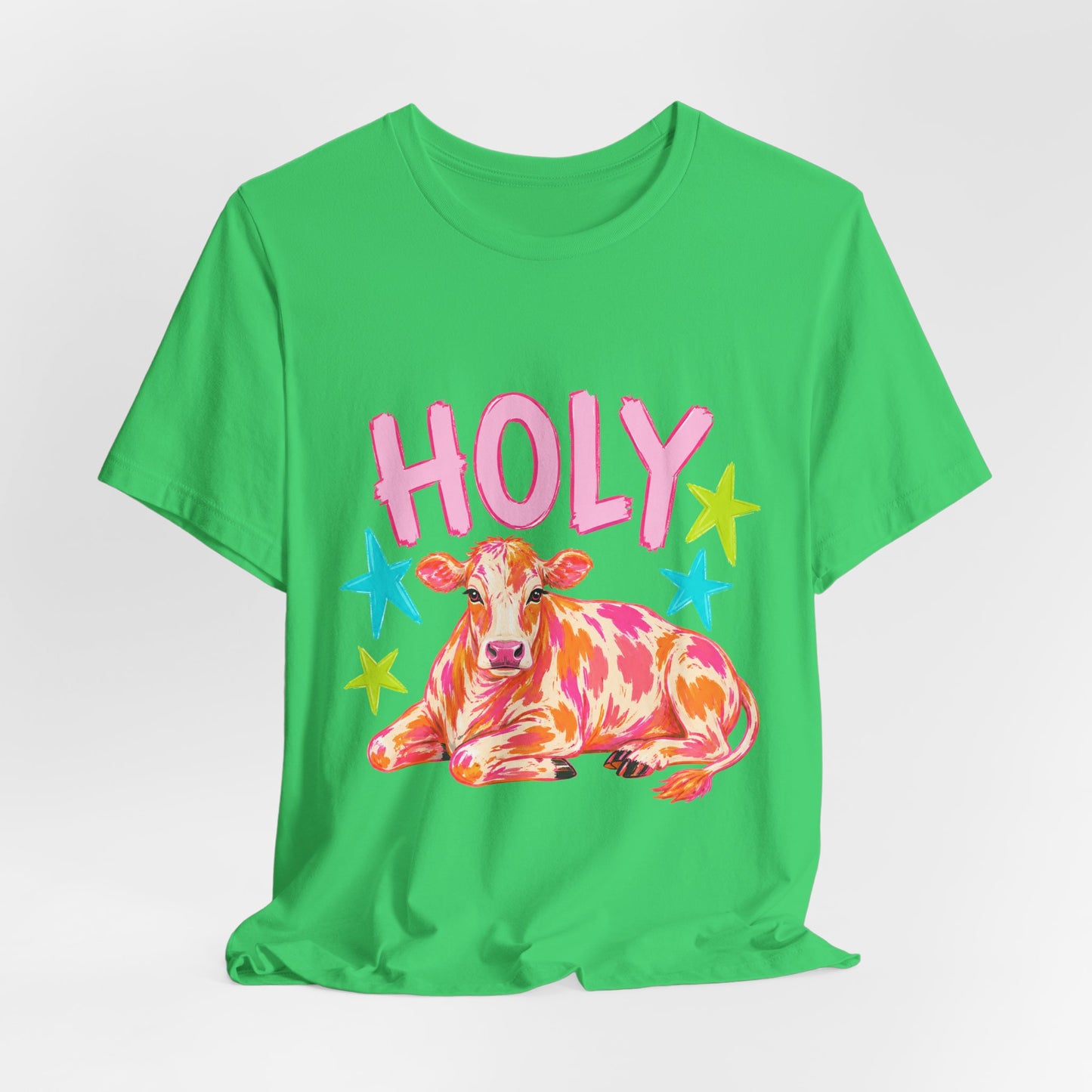 Holy Cow Graphic Tee — Colorful Cow Shirt with 'HOLY' Lettering