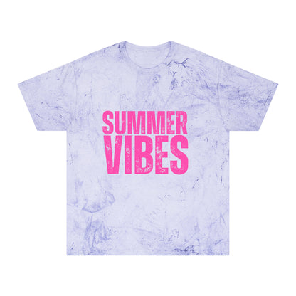 Summer Vibes Tie-Dye T-Shirt — Retro Pink Text Beach Tee