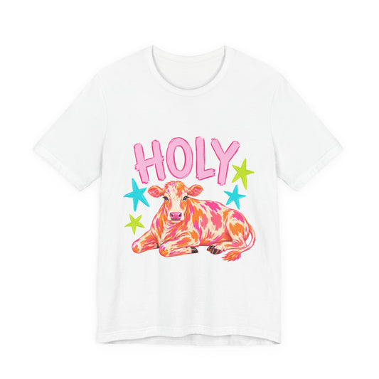 Holy Cow Graphic Tee — Colorful Cow Shirt with 'HOLY' Lettering