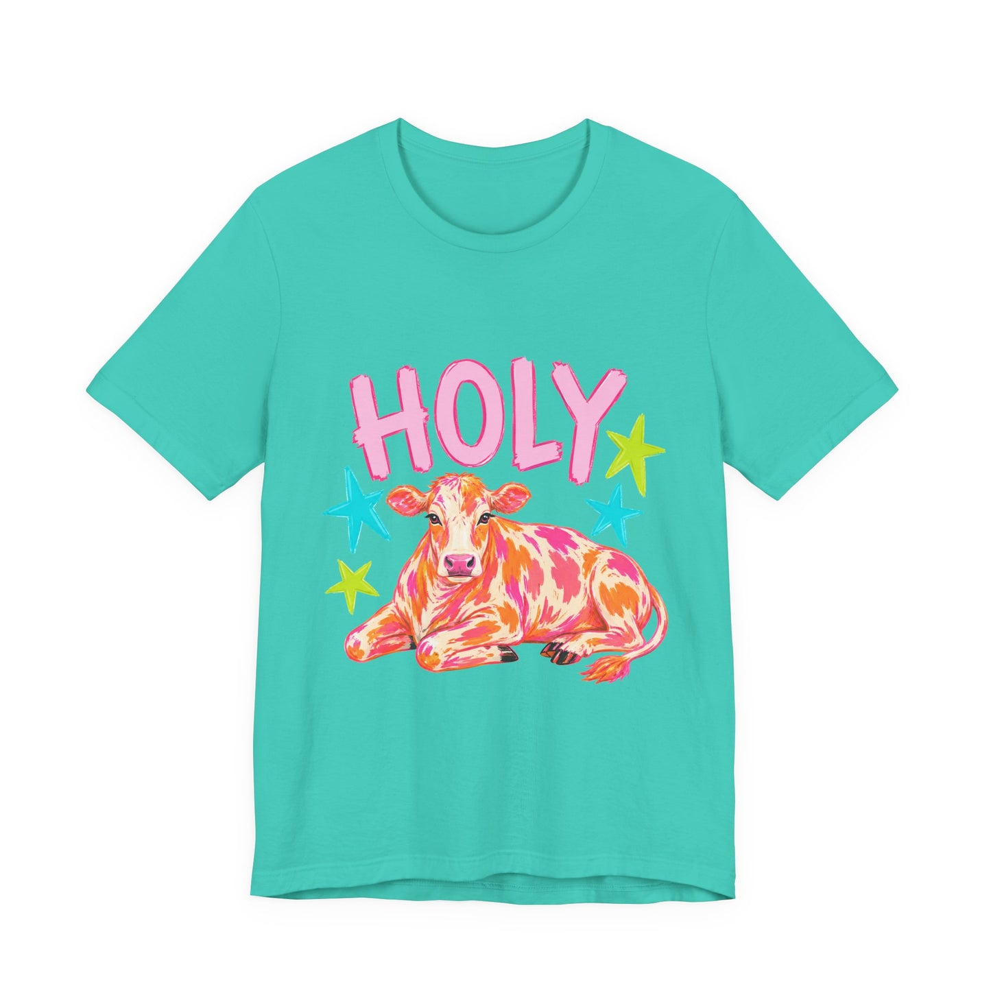 Holy Cow Graphic Tee — Colorful Cow Shirt with 'HOLY' Lettering