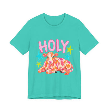 Holy Cow Graphic Tee — Colorful Cow Shirt with 'HOLY' Lettering