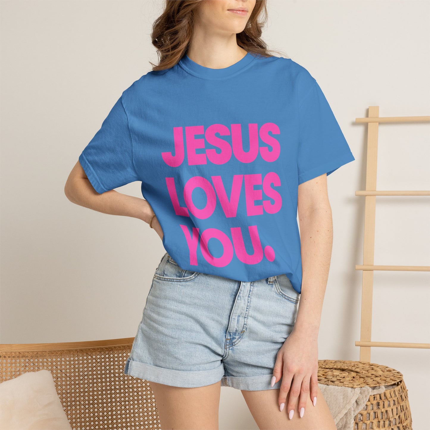 Faith Graphic Tee — "Jesus Loves You." Pink Bold Print