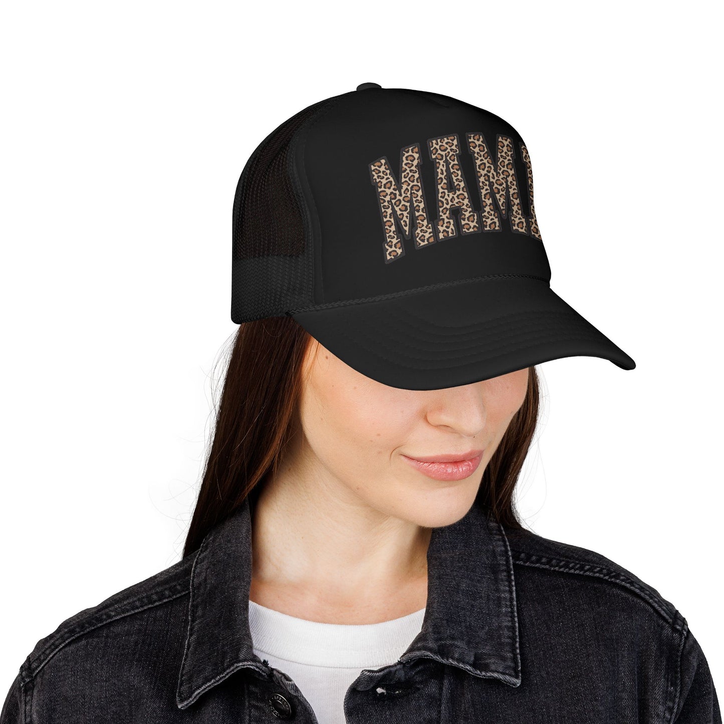 Mama Leopard Trucker Hat — Foam Mesh Cap with Leopard Print "MAMA"