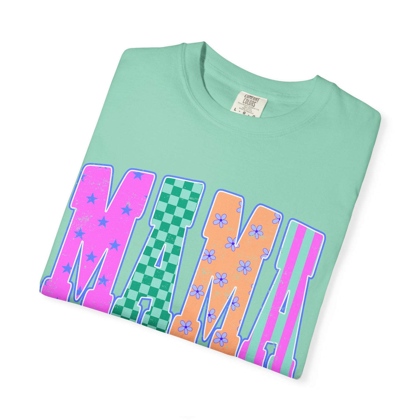 MAMA Colorblock Graphic T‑Shirt — Playful Patterned Lettering Tee