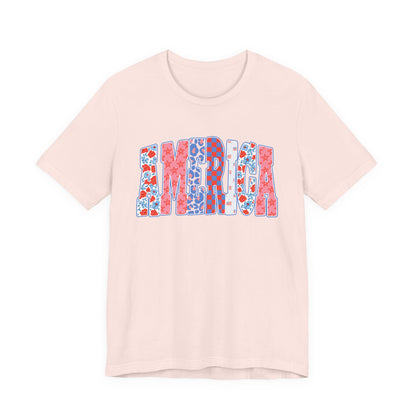 America Floral Flag T-Shirt — Patriotic Red White Blue Tee