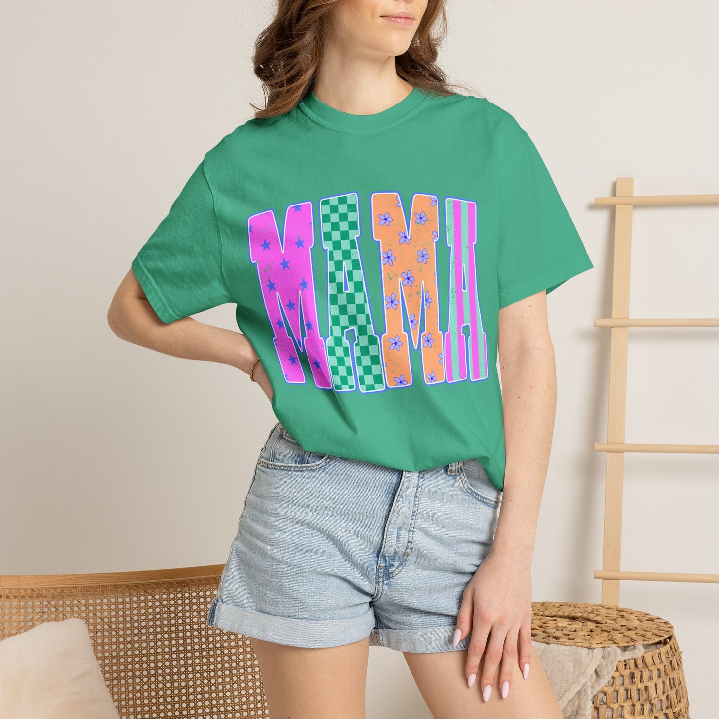 MAMA Colorblock Graphic T‑Shirt — Playful Patterned Lettering Tee