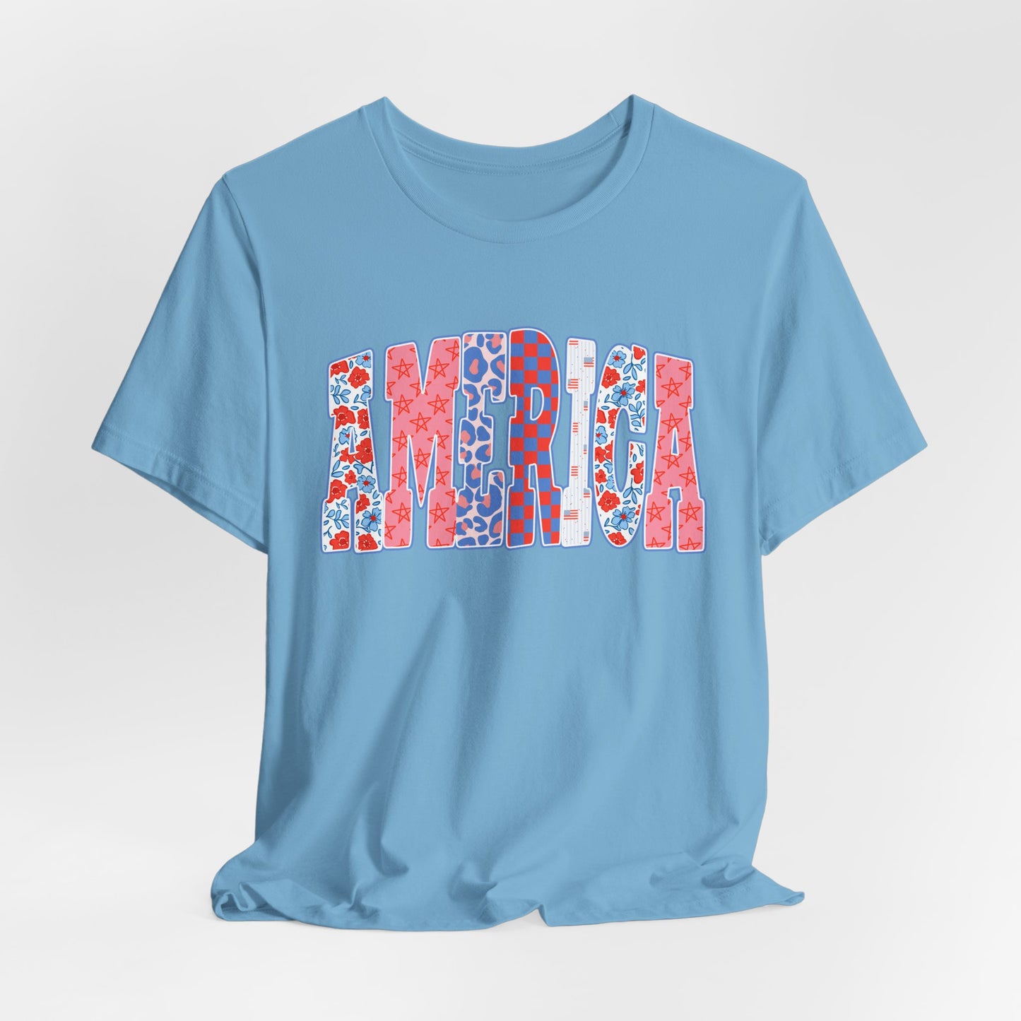 America Floral Flag T-Shirt — Patriotic Red White Blue Tee